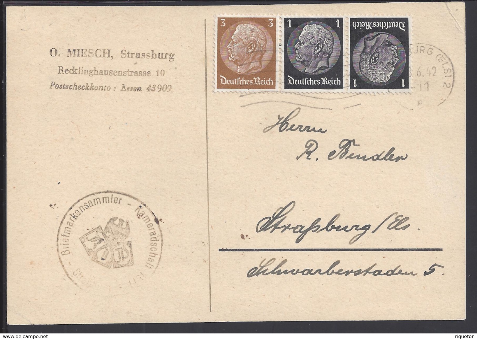 ALLEMAGNE -1942-TIMBRE MARECHAL HINDENBURG N° 483 A (tête-bêche) Et 484 SUR CARTE POSTALE POUR STRASSBURG (Els.)EN VILLE - Lettres & Documents