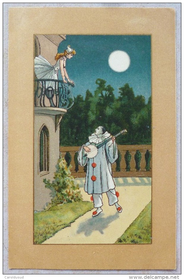 LITHO Art  Fond Beige ILLUSTRATEUR  Busi ? Hardy ?  Femme Fille Colombine Balcon Pierrot ARLEQUIN  Serenade Lune Blanche - Hardy, Florence