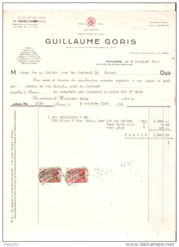 Facture - SPRL  GUILLAUME GORIS - Anvers - 1950 - Lebensmittel