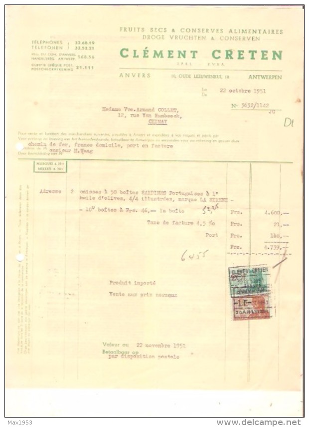 Facture - SPRL CLEMENT CRETEN - Anvers - 1951 ( Fruits Secs) - Alimentaire