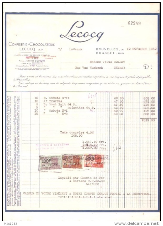 Facture - CONFISERIE-CHOCOLATERIE LECOCQ  - Bruxelles - 1950 - Alimentaire