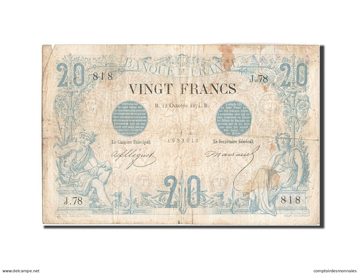 Billet, France, 20 Francs, 20 F 1874-1905 ''Noir'', 1874, 1874-10-12, TB - 20 F 1874-1905 ''Noir''