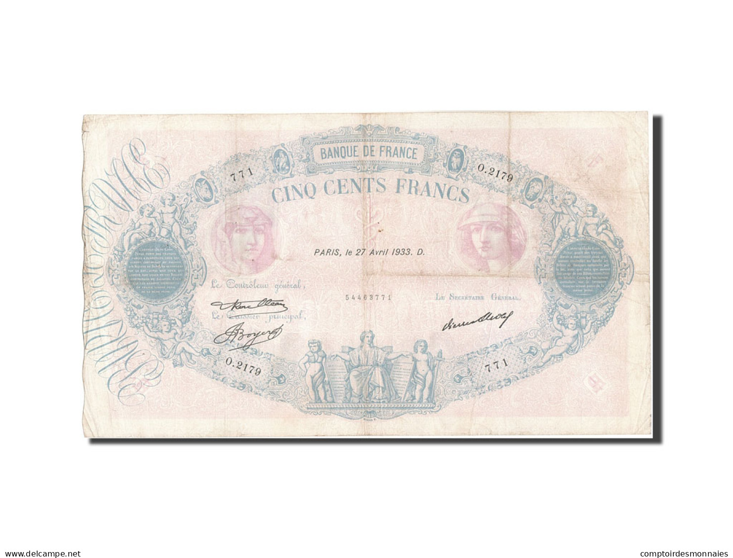 Billet, France, 500 Francs, 500 F 1888-1940 ''Bleu Et Rose'', 1933, 1933-04-27 - 500 F 1888-1940 ''Bleu Et Rose''