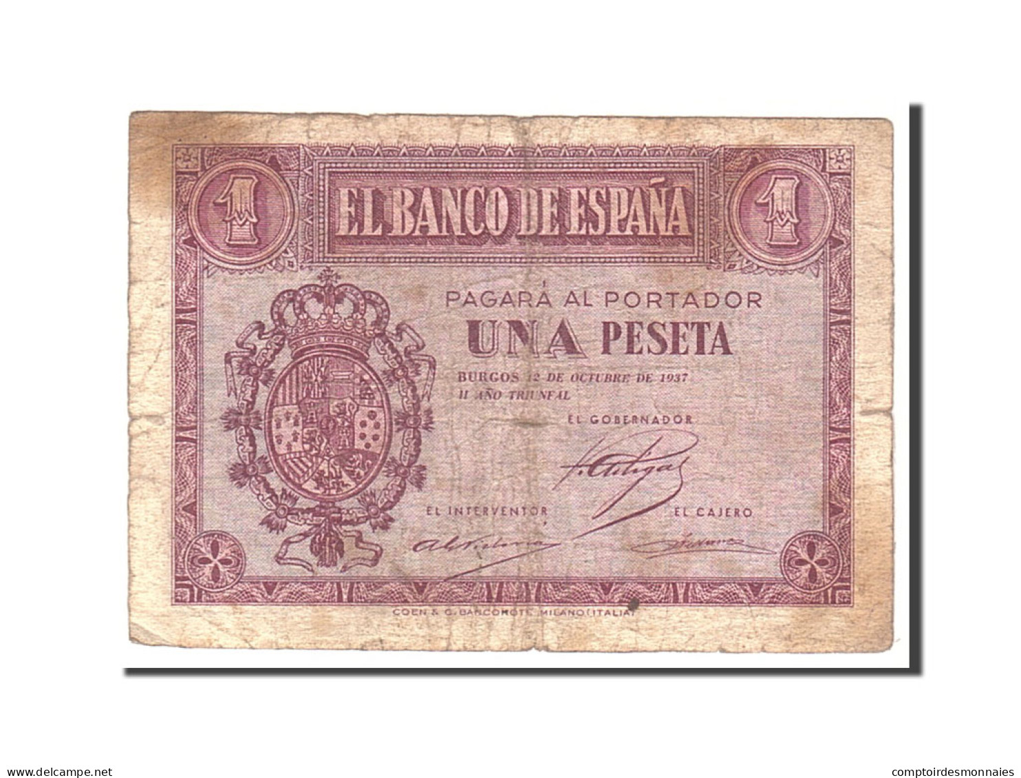 Billet, Espagne, 1 Peseta, 1937, 1937-10-12, KM:104a, B - 1-2 Pesetas