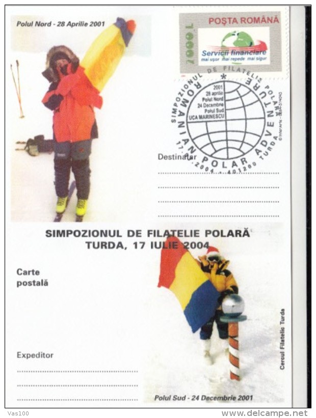 POLAR EXPLORER, UCA MARINESCU AT NORTH POLE AND SOUTH POLE, PC STATIONERY, ENTIER POSTAL, 2001, ROMANIA - Explorateurs & Célébrités Polaires