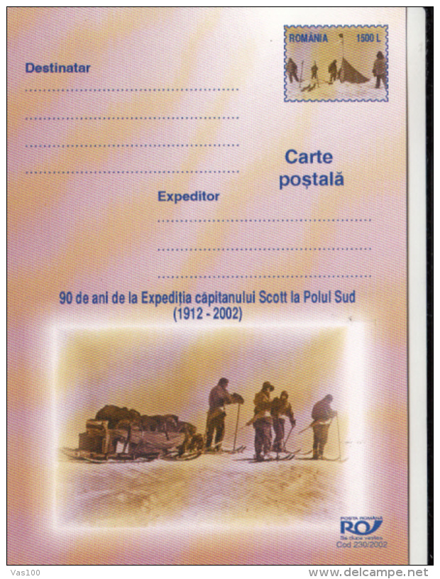 ANTARCTIC EXPEDITION, CAPTAIN SCOTT, SLED, SKIING, CREW, PC STATIONERY, ENTIER POSTAL, 2002, ROMANIA - Spedizioni Antartiche