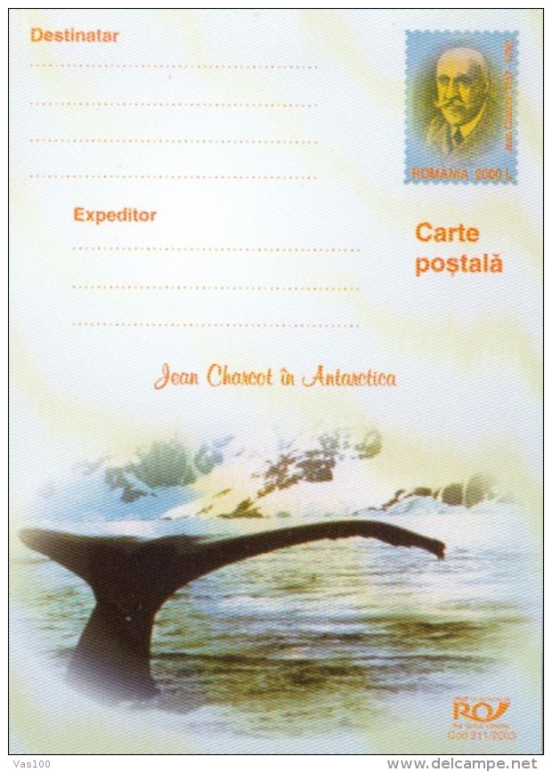 ANTARCTIC EXPEDITION, JEAN CHARCOT, WHALE, PC STATIONERY, ENTIER POSTAL, 2003, ROMANIA - Antarctische Expedities