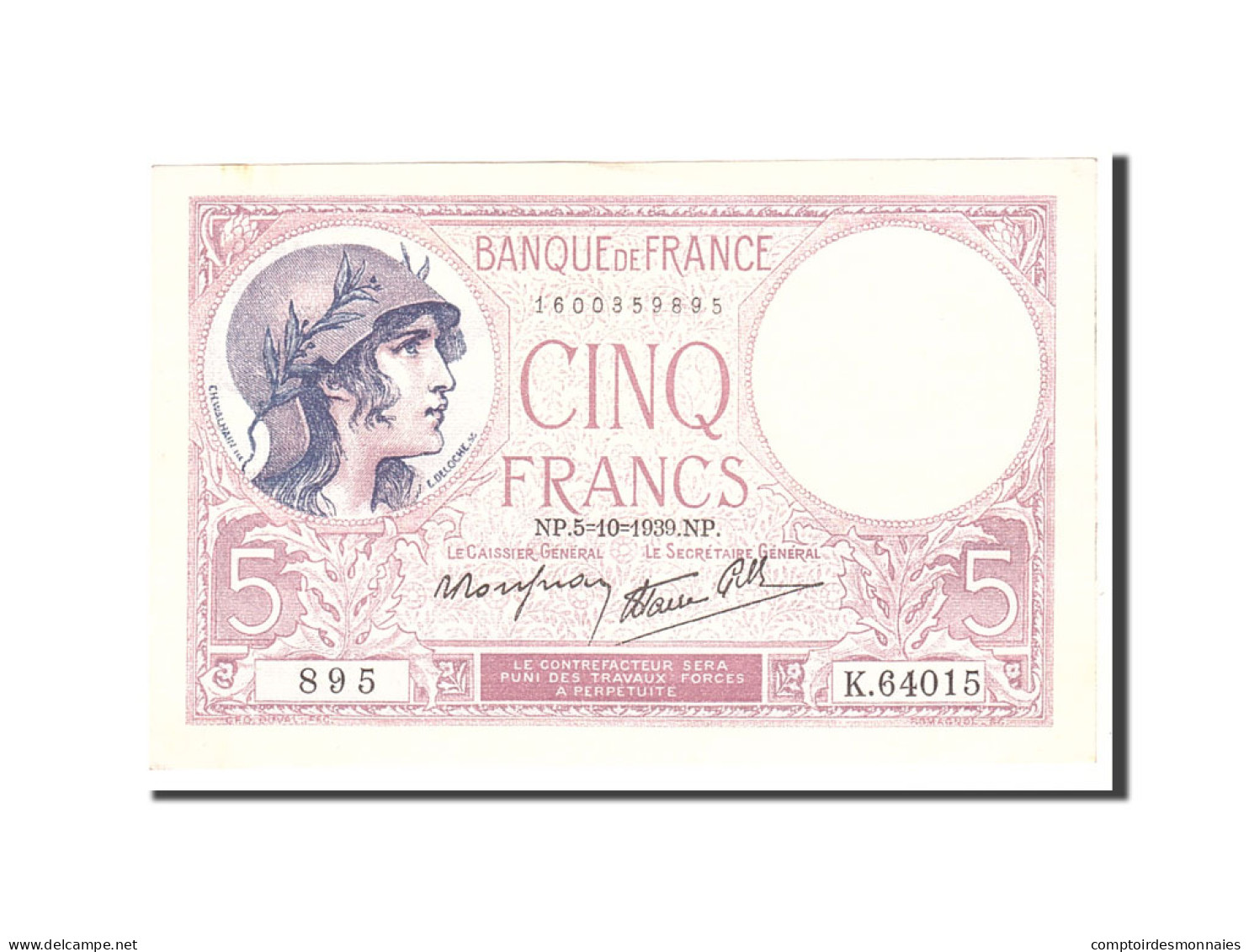 Billet, France, 5 Francs, 1939, 1939-10-05, SPL, KM:83 - 5 F 1917-1940 ''Violet''