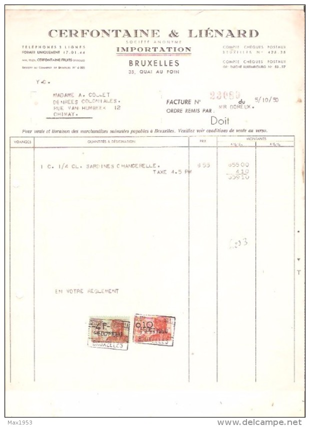 Facture - CERFONTAINE & LIENARD S.A. - Bruxelles - 1950  ( Poissons) - Levensmiddelen