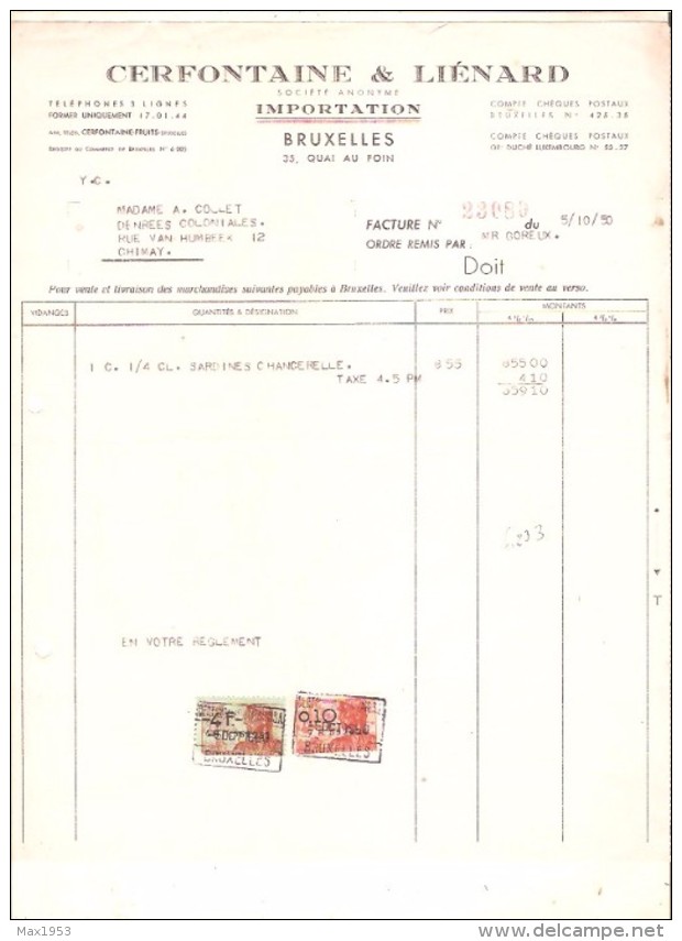 Facture - CERFONTAINE & LIENARD S.A. - Bruxelles - 1950  ( Poissons) - Alimentaire