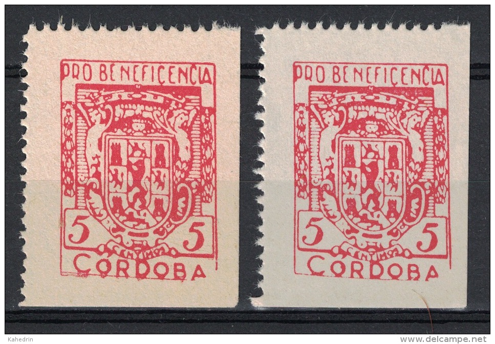 Guerra Civil War, Cordoba, 2 Types Of Pro Beneficencia, Coat Of Arms **, MNH - Verschlussmarken Bürgerkrieg
