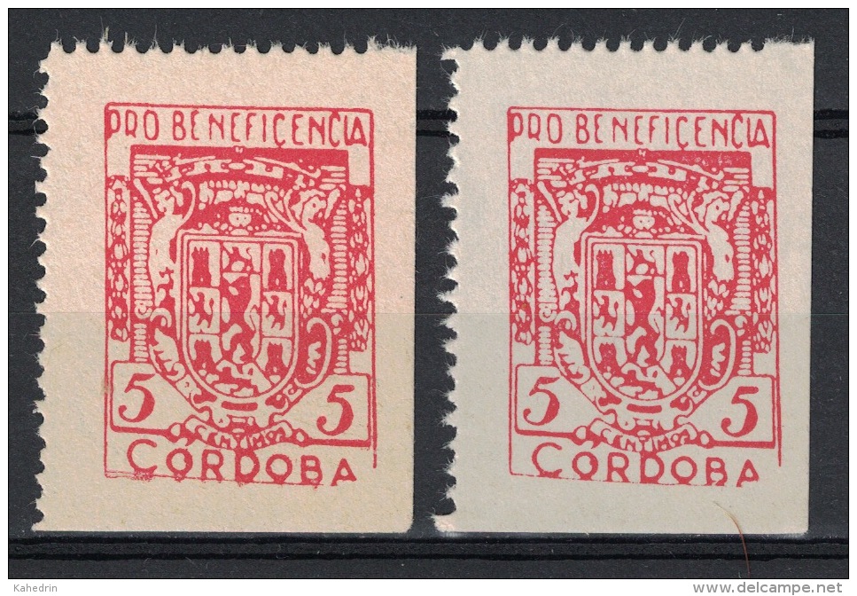 Guerra Civil War, Cordoba, 2 Types Of Pro Beneficencia, Coat Of Arms **, MNH - Vignettes De La Guerre Civile