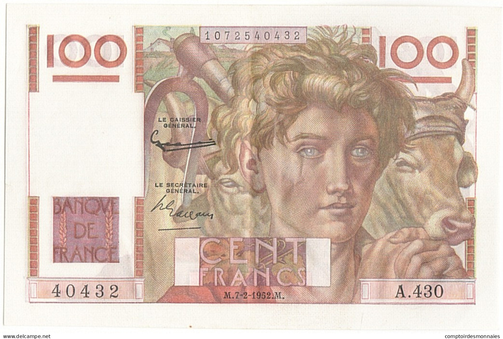 Billet, France, 100 Francs, 100 F 1945-1954 ''Jeune Paysan'', 1952, 1952-02-07 - 100 F 1945-1954 ''Jeune Paysan''