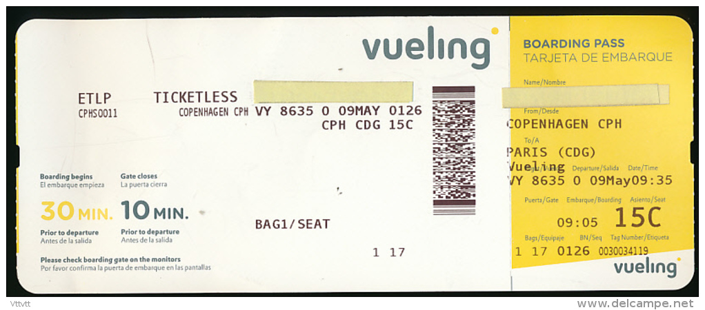 Titre De Transports, Boarding Pass, Tarjeta De Embarque : Copenhague - Roissy Charles De Gaulle, Compagnie VUELING - Europe