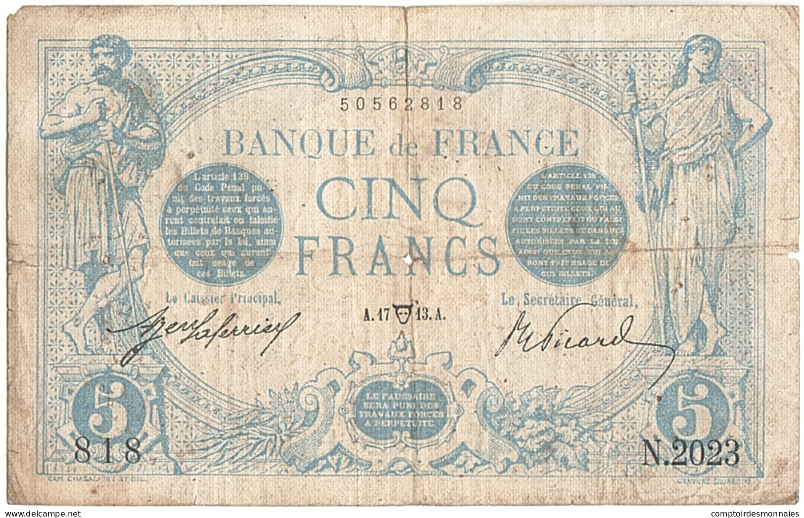 Billet, France, 5 Francs, 5 F 1912-1917 ''Bleu'', 1913, 1913-04-17, TB - 5 F 1912-1917 ''Bleu''