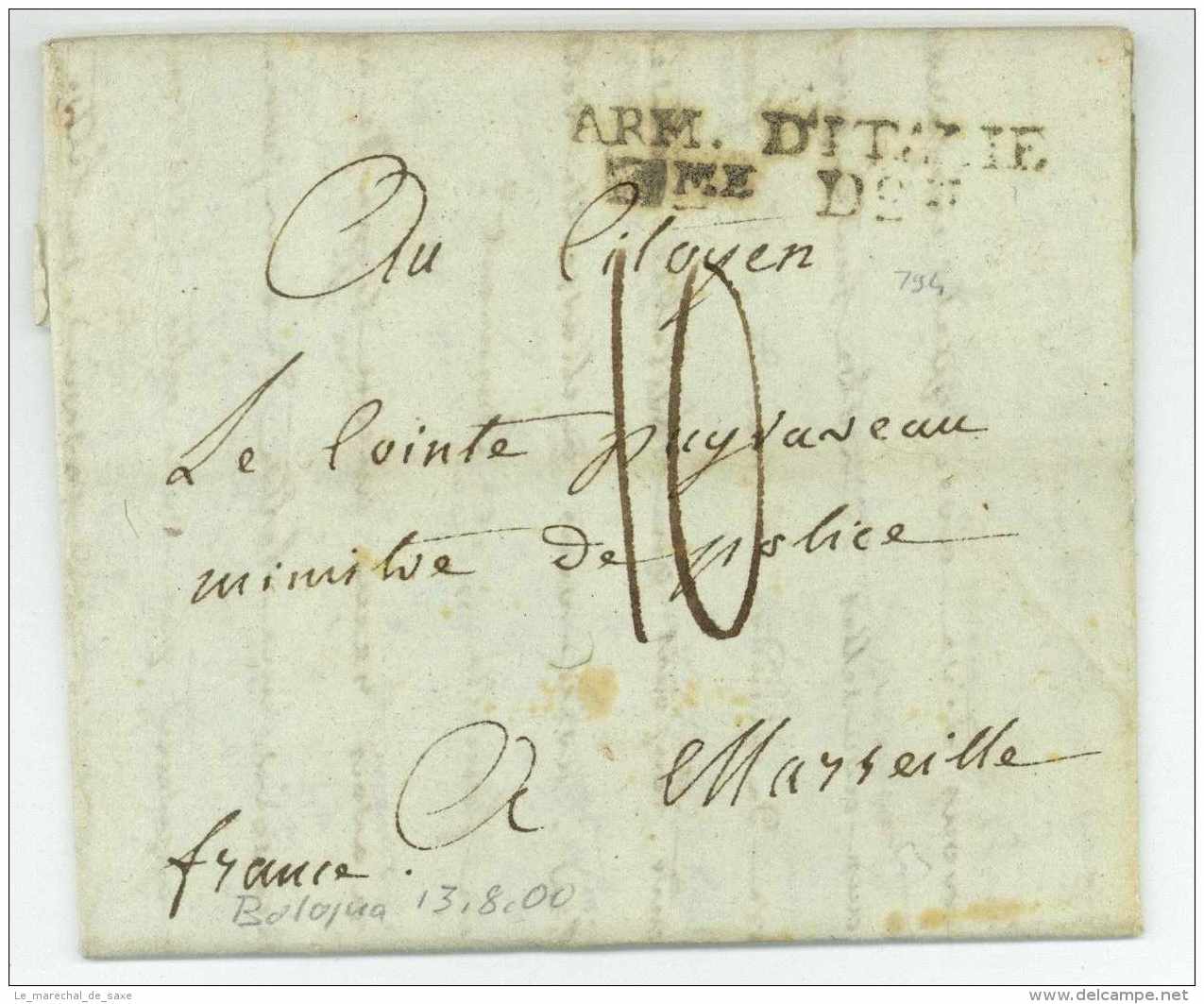 ARM. D'ITALIE 21ME D.ON - Pretre Emigre !!! - Bologna à Marseille 1800 - Marques D'armée (avant 1900)