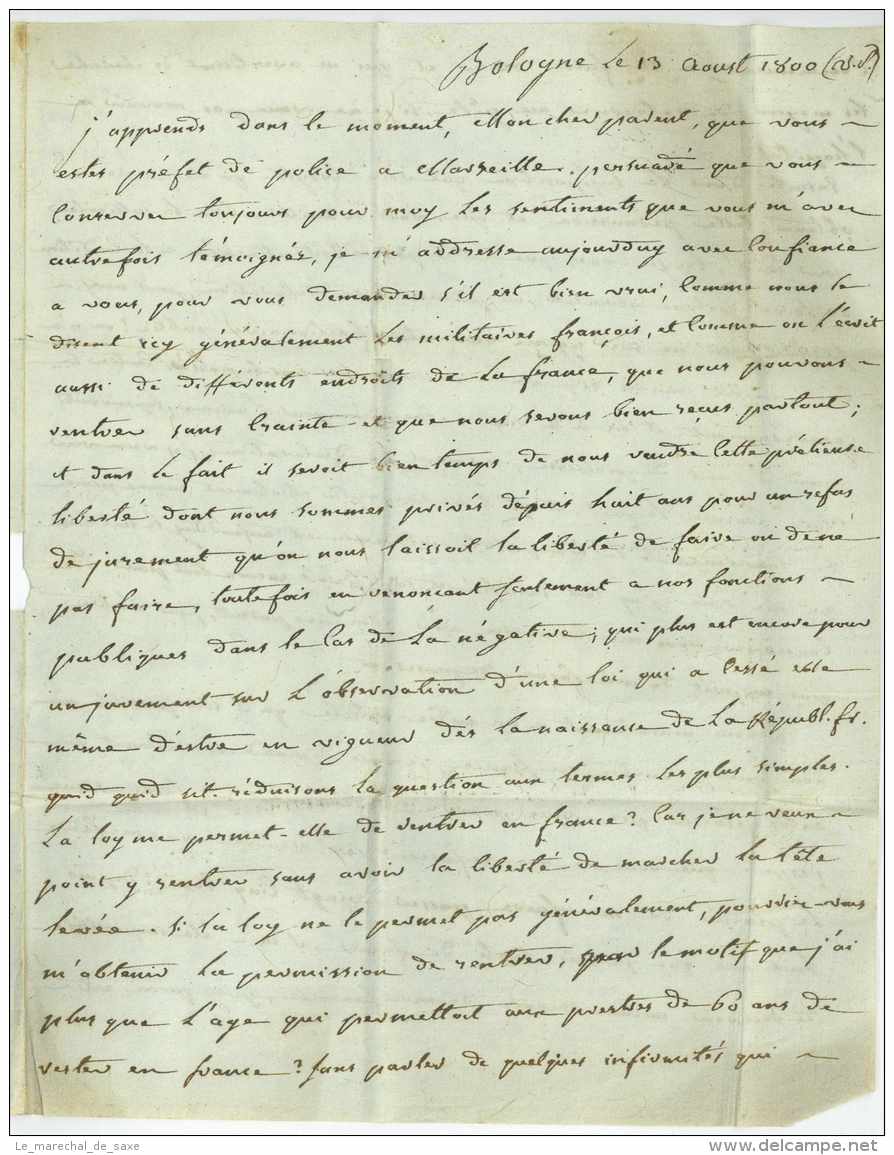 ARM. D'ITALIE 21ME D.ON - Pretre Emigre !!! - Bologna à Marseille 1800 - Legerstempels (voor 1900)