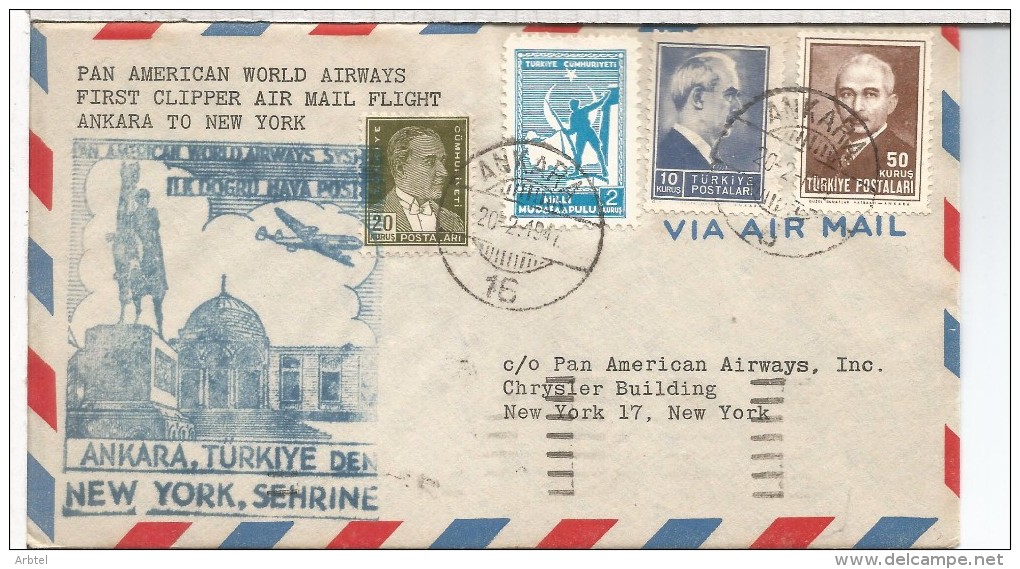 TURQUIA 1947 CC PRIMER VUELO ANKARA NEW YORK AL DORSO LLEGADA - Covers & Documents