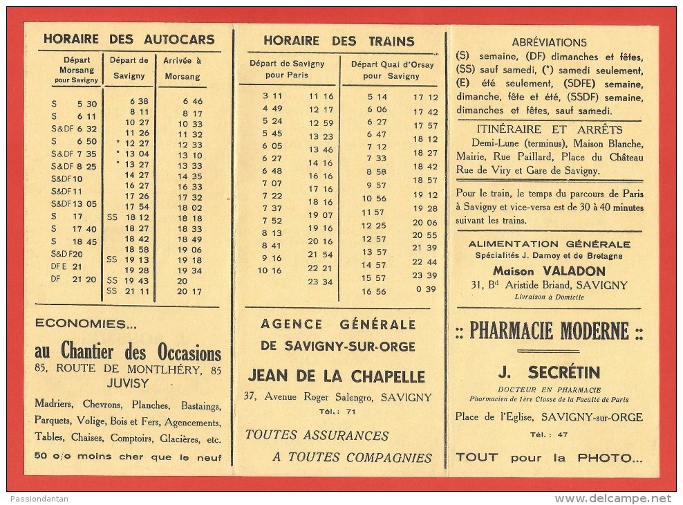 Horaires Des Autocars Et Trains - Morsang - Savigny - Paris - Réclames Commerciales Locales - Europe