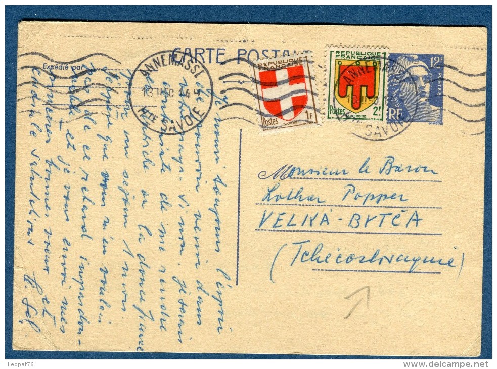 France - Entier Postal Type Gandon +cplt De Annemasse Pour La Tchécoslovaquie En 1950   à Voir 2 Scans   Réf. 906 - Posttarieven