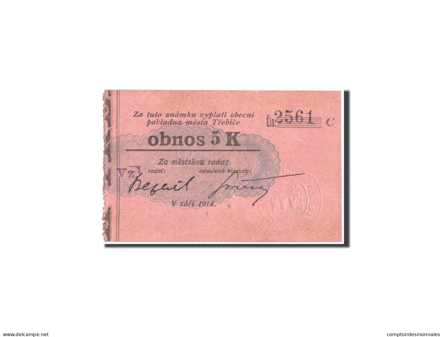 Billet, République Tchèque, 5 Korun, 1914, 1914-09-05, SPL - Tchéquie