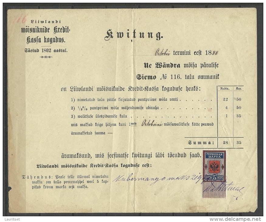 Estonia Estland RUSSIA 1885 Revenue Tax Steuermarke On Document Alt-Lifland - Revenue Stamps