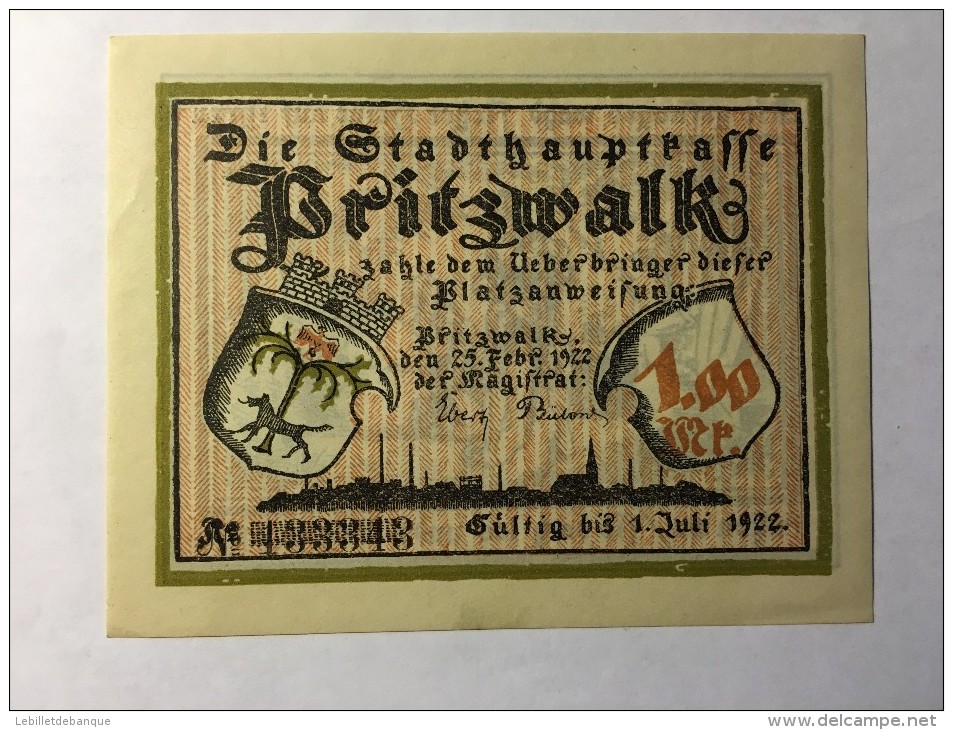 Allemagne Notgeld Printzwalk 1 Mark 1921 NEUF - Collezioni