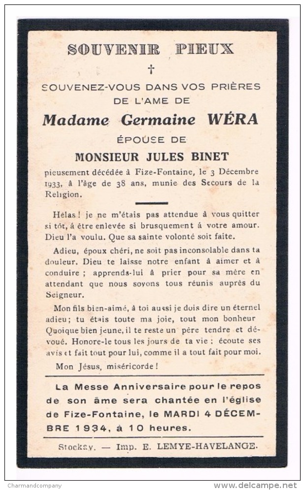 Souvenir Pieux, Germaine WERA (J. Binet), Décédée à Fize-Fontaine En 1933 - 2 Scans - Images Religieuses