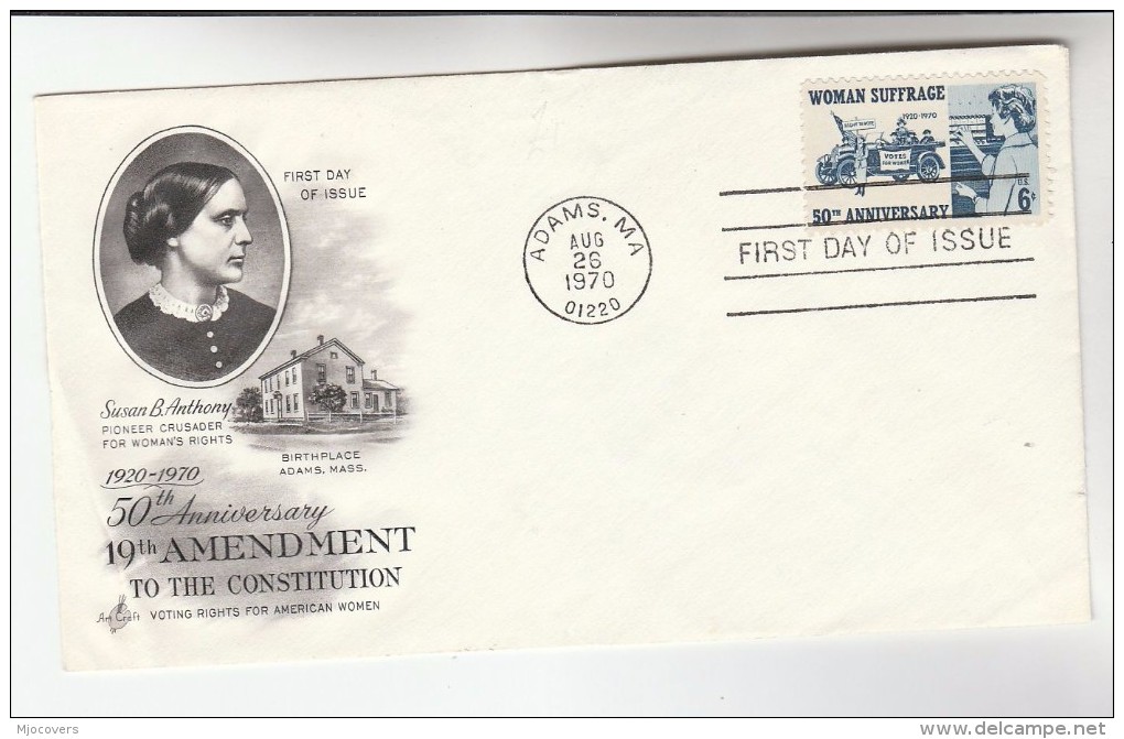 1970 Art Craft USA FDC Stamps VOTES FOR WOMEN Cover Pmk Adams Democracy - 1961-1970