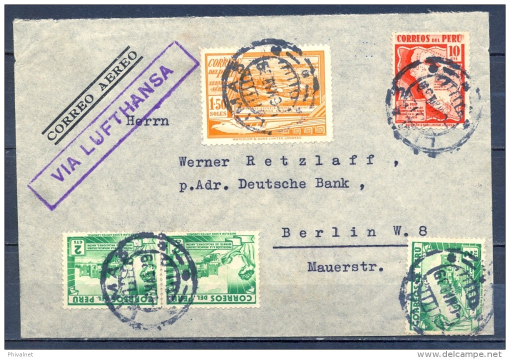 1939 , PERÚ , SOBRE CIRCULADO ENTRE LIMA Y BERLÍN , CORREO AÉREO , VIA LUFTHANSA - Pérou