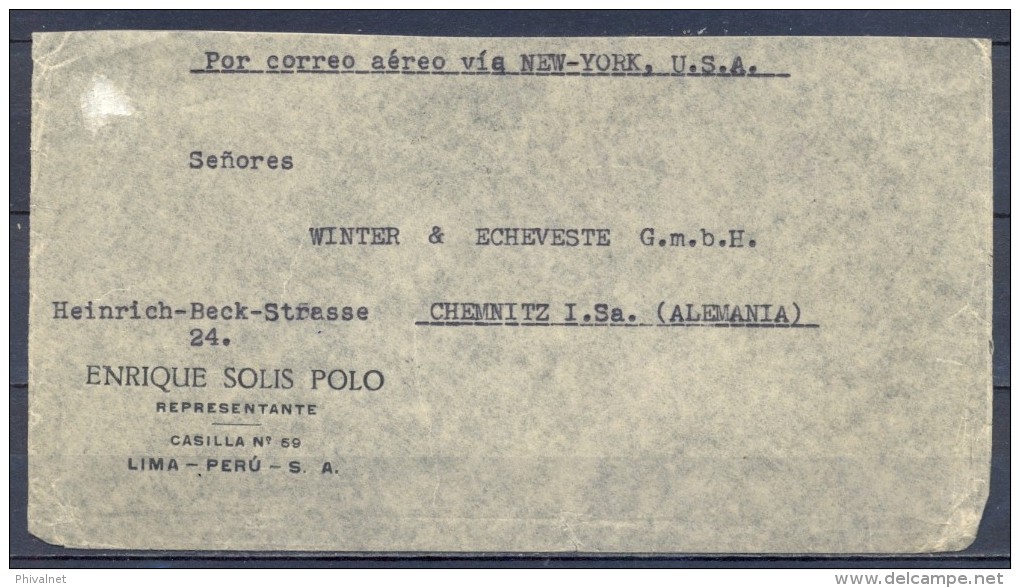 1933 , PERÚ , SOBRE CIRCULADO ENTRE LIMA Y CHEMNITZ , CORREO AÉREO VIA NEW YORK - Perú