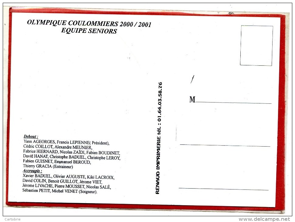 RUGBY ,Olympique COULOMMIERS Equipe Seniors Saison 2000,2001 Avec Noms Des Joueurs 2 Scans - Rugby