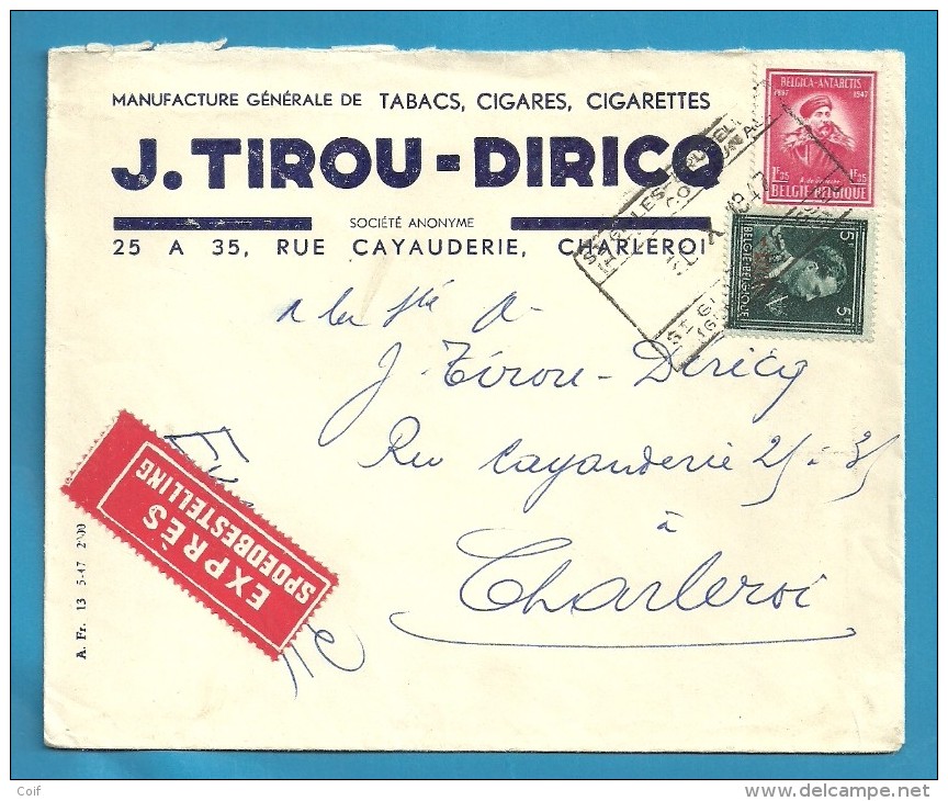 724T+749 Op Brief Per EXPRES Met Telegraafstempel ST-GILLES-BRUXELLES / HOTEL COMMUNALE, Hoofding TABACS , CIGARES (VK) - 1946 -10%