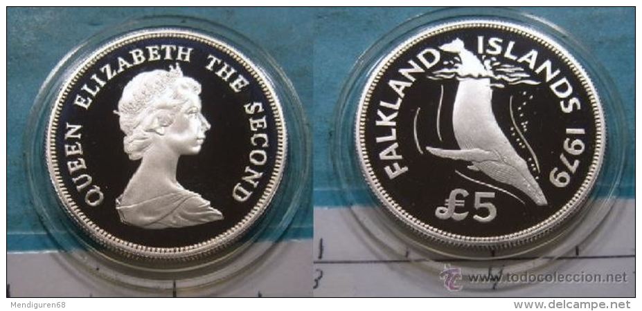 FALKLAND ISLANDS 1979 KM-11 S.M. ELIZABETH II QUEEN DOLPHINS   5 POUNDS SILVER U.N.C. - Falkland