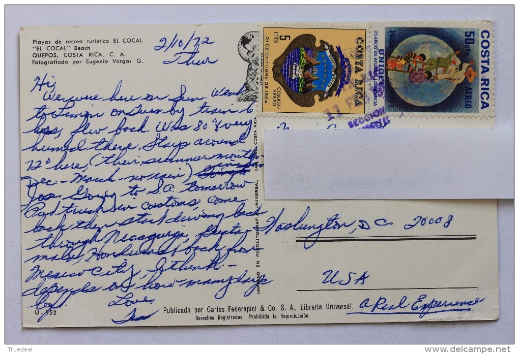 EL COCAL BEACH, QUEPOS, COSTA RICA, 1972, With Stamps - Costa Rica