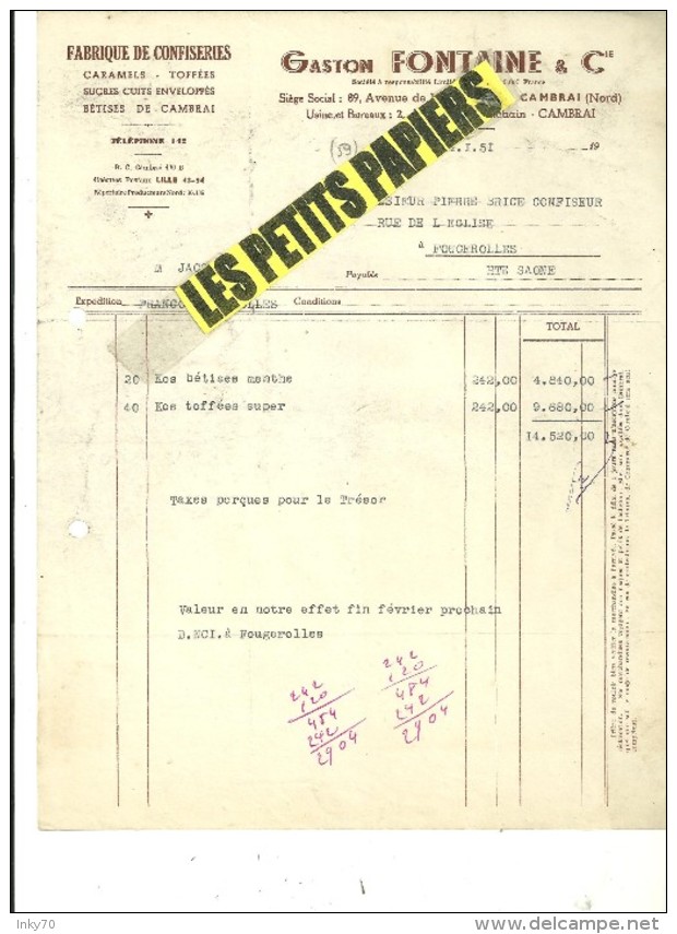 59 - Nord - CAMBRAI - Facture FONTAINE - Fabrique De Confiseries – 1951 - REF 229B - 1900 – 1949