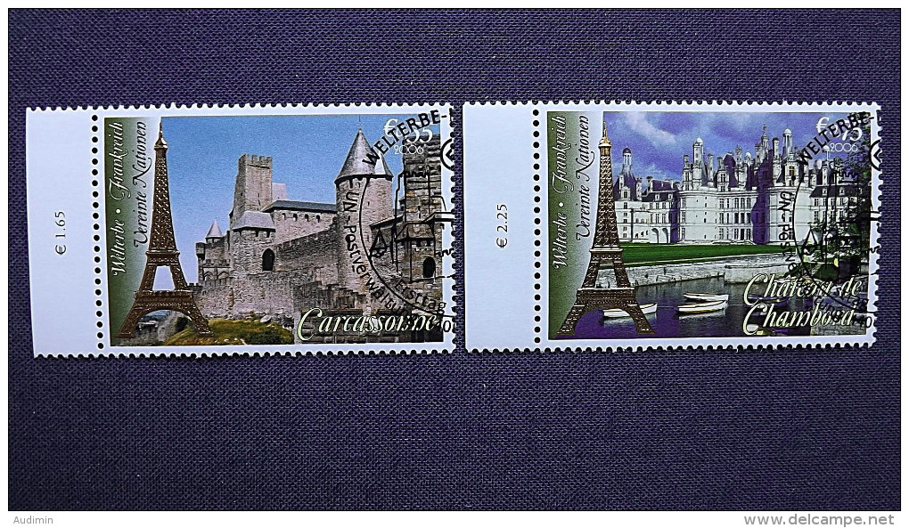 UNO-Wien 467/8 Oo/ESST, UNESCO-Welterbe: Frankreich: Festungsstadt Carcassonne, Schloss Chambord - Gebruikt