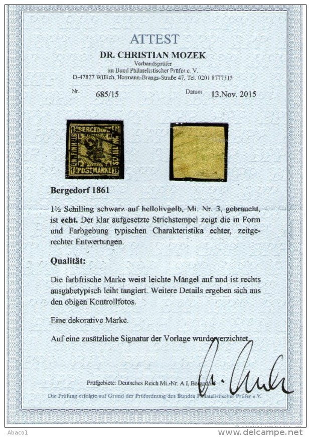 Strichstempel Auf 1 1/2 Shilling Gelb - Bergdorf Nr. 3 - Geprüft BPP - Kabinett - Bergedorf