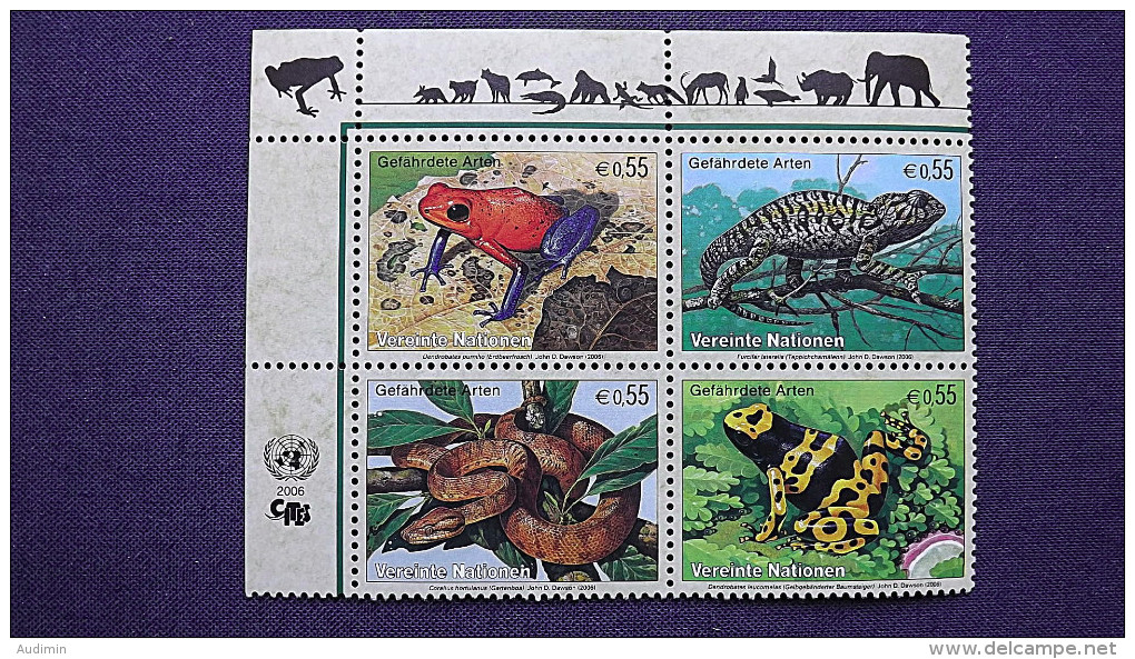 UNO-Wien 461/4 **/mnh, Gefährdete Arten: Erdbeerfröschchen, Teppichchamäleon,Gartenboa - Unused Stamps