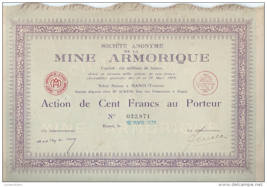 Action De 100 Fr Au Porteur/Sté Anonyme De La Mine Armorique/Hanoî/TONKIN/1930   ACT94bis - Afrique