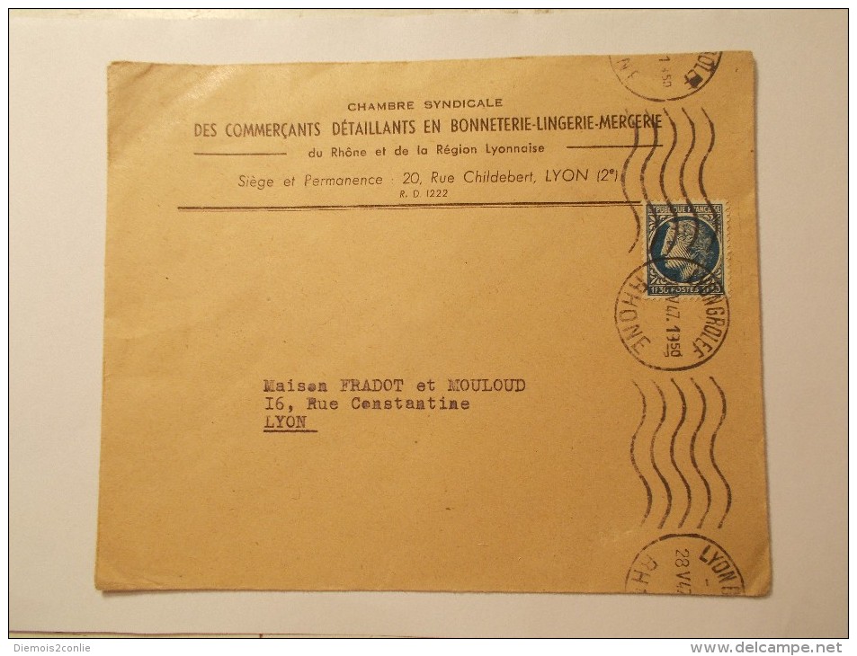 Marcophilie - Lettre Enveloppe Cachet Oblitération Timbres - LYON GROLEE - N° 678 Seul - 28/05/1947 (441) - 1921-1960: Période Moderne