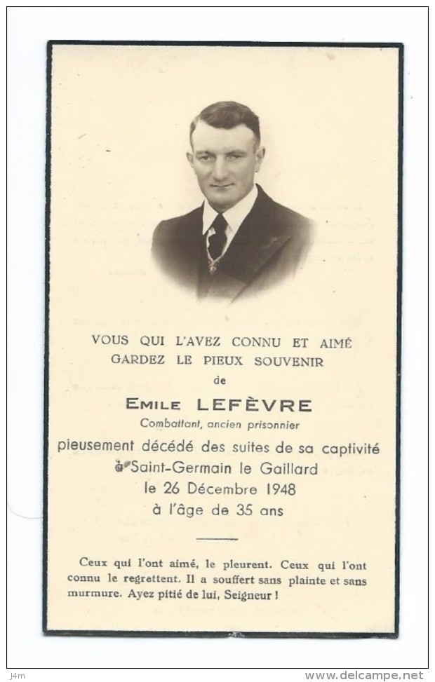 IMAGE PIEUSE..AVIS De DECES MENENTO Emile LEFEVRE Décédé Suites De Sa Captivité En 1948 à SAINT GERMAIN Le GAILLARD (50) - Images Religieuses