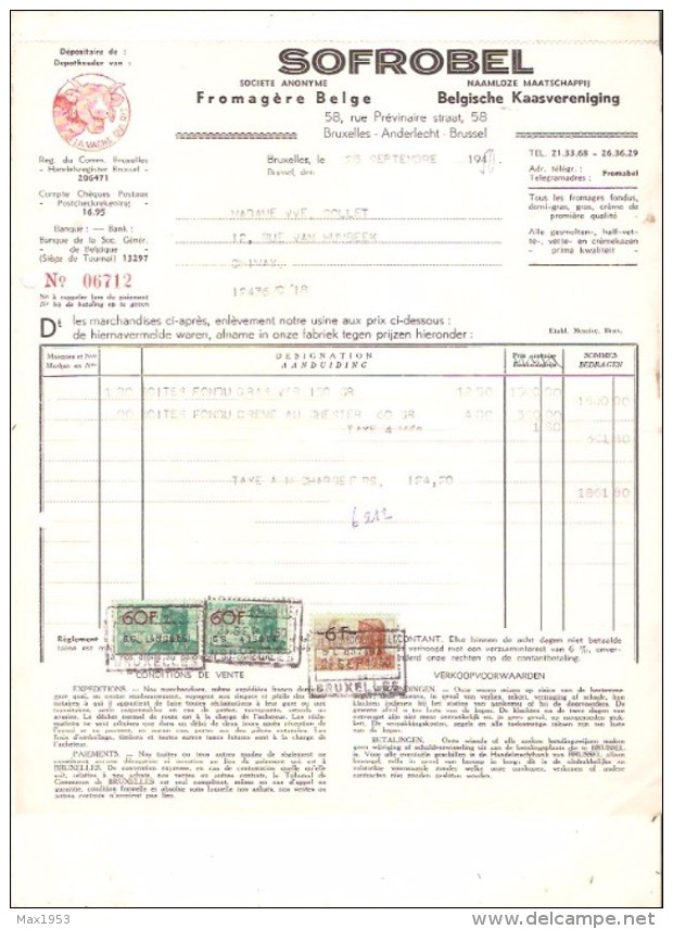 Facture - SOFROBEL Fromagère Belge - Bruxelles - 1950 ( La Vache Qui Rit ) - Levensmiddelen