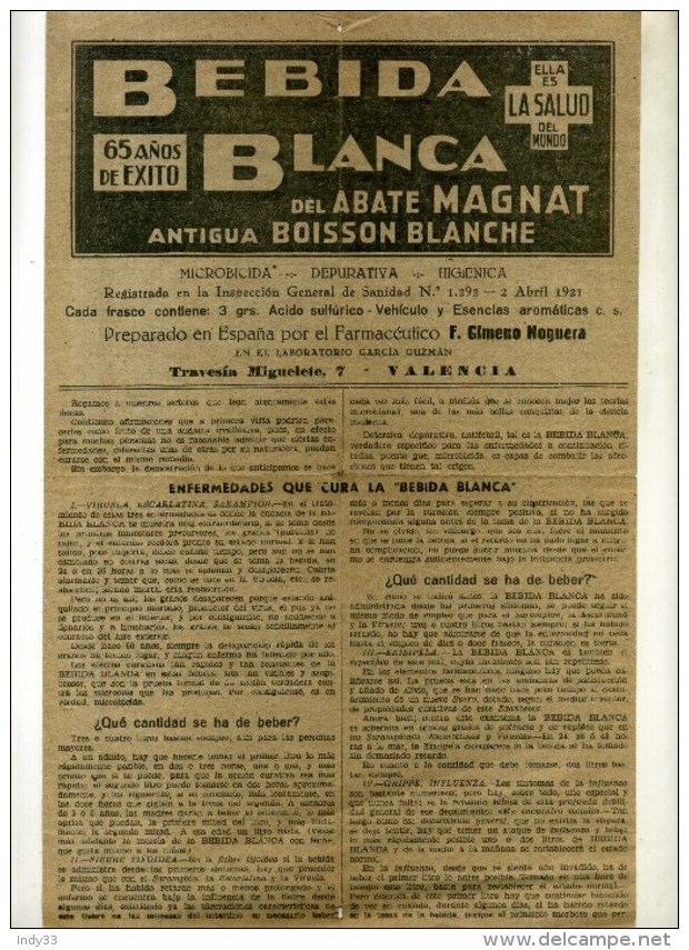 - BEBIDA BLANCA . PROSPECTUS  DOUBLE FACE . LABORATORIO G. GUZMAN . VALENCIA . - España