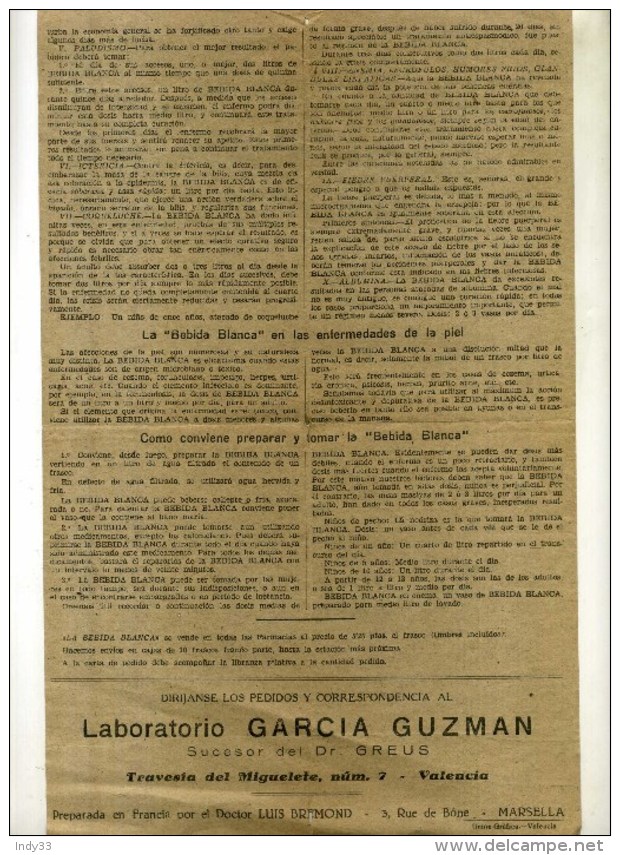 - BEBIDA BLANCA . PROSPECTUS  DOUBLE FACE . LABORATORIO G. GUZMAN . VALENCIA . - España