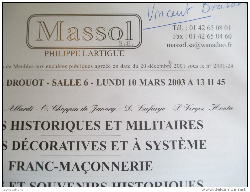 Armes Et Uniformes/Catalogue De Vente Aux Enchéres/MASSOL//Militaria/2003    CAT145 - France