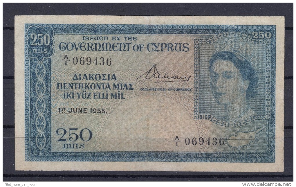 0222 BILLETE CIPRUS 250 MILS AÑO 1955 CIRCULADO - Chipre