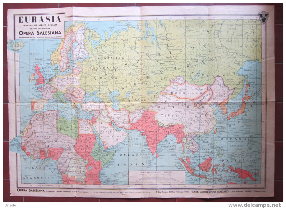 MAPPA GEOGRAFICA EUROPA ASIA AFRICA OCEANIA PUBBLICITà EURASIA LUXITE VISCEGLIA EDIZIONE OPERA SALESIANA MILANO 1941 - Carte Geographique