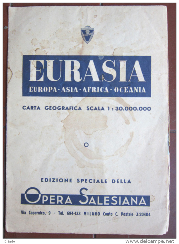 MAPPA GEOGRAFICA EUROPA ASIA AFRICA OCEANIA PUBBLICITà EURASIA LUXITE VISCEGLIA EDIZIONE OPERA SALESIANA MILANO 1941 - Geographical Maps