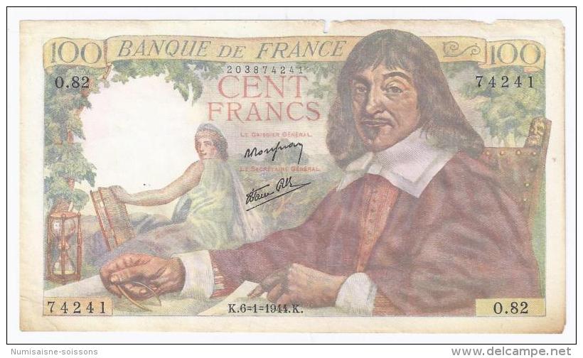 FAY 27/04 - 100 FRANCS DESCARTES - 06/01/1944 - TRES BEAU - 100 F 1942-1944 ''Descartes''